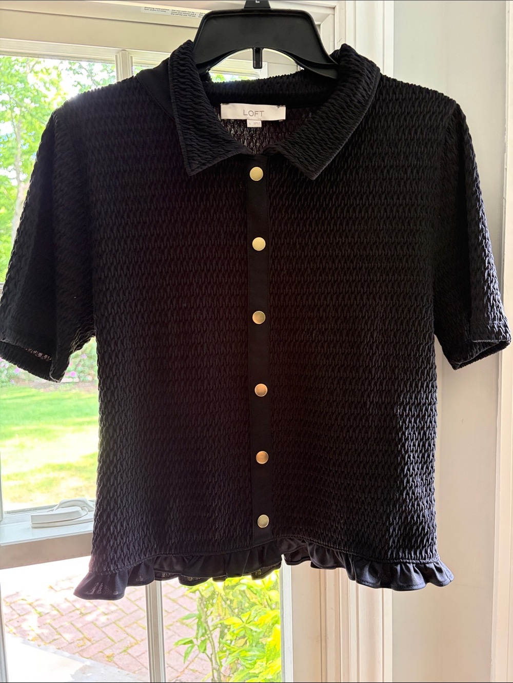 LOFT Black Textured Button-Front Ruffle Hem Top